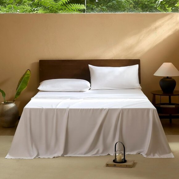 EVERLY California King Sheet Set 400TC Organic Bamboo Rayon White 4pc Deep Pockt - Picture 1 of 7